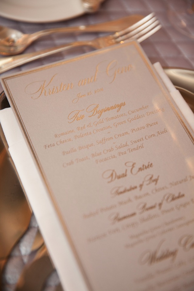 Kristen and Gows elegant wedding menu card closeup