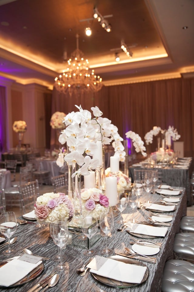 white silver and purple table decor