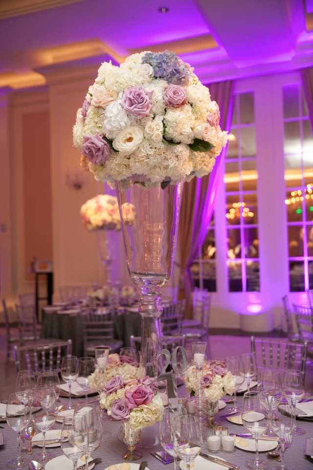 Elegant floral centerpiece at a wedding reception table