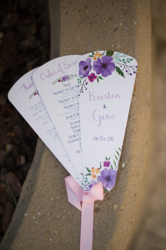 Wedding program fans floral design Kristen and Geno
