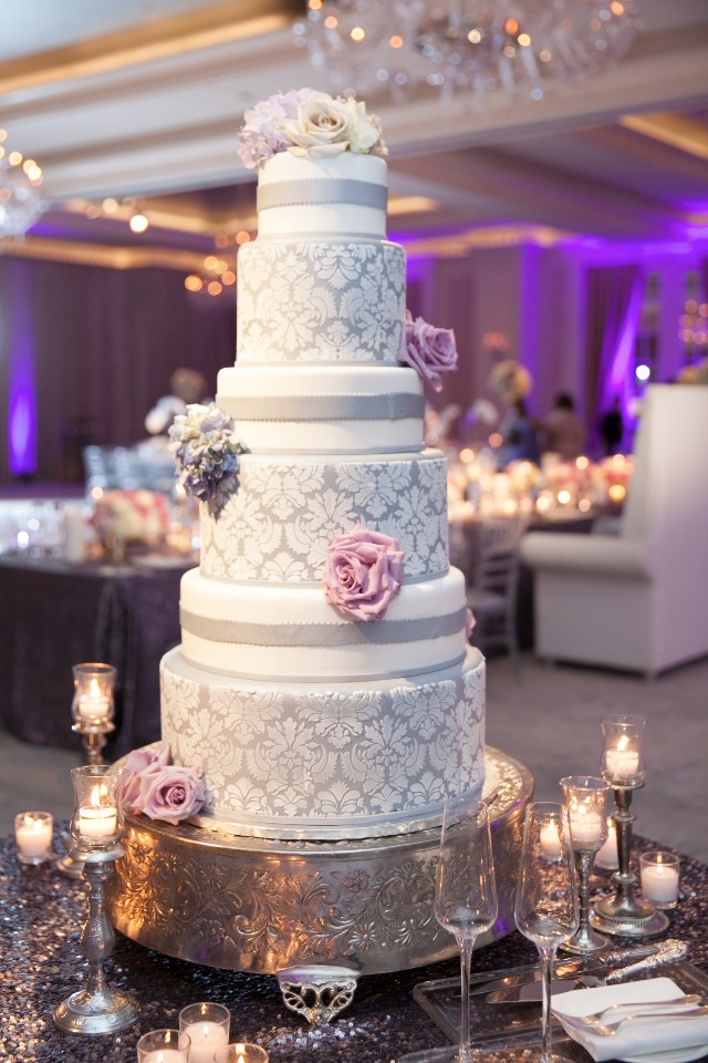 glam silver and white wedding cake