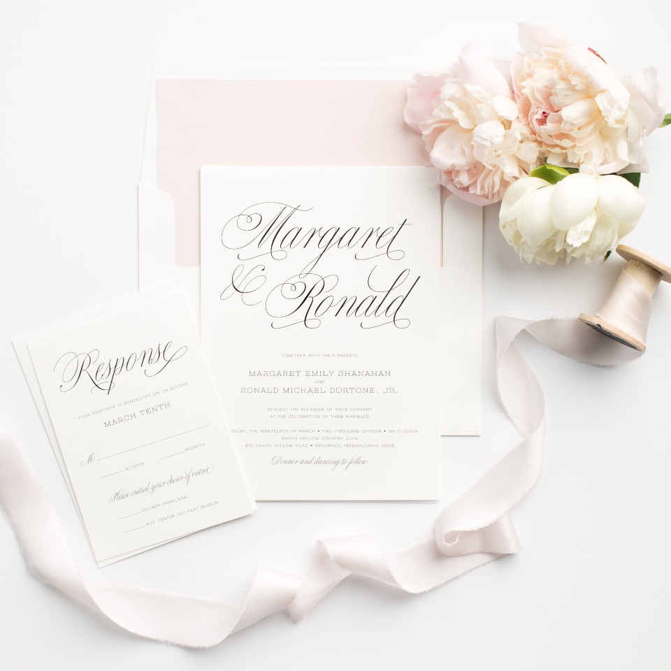 soft pink and scrolling calligraphy wedding invitations from Shine Wedding Invitations