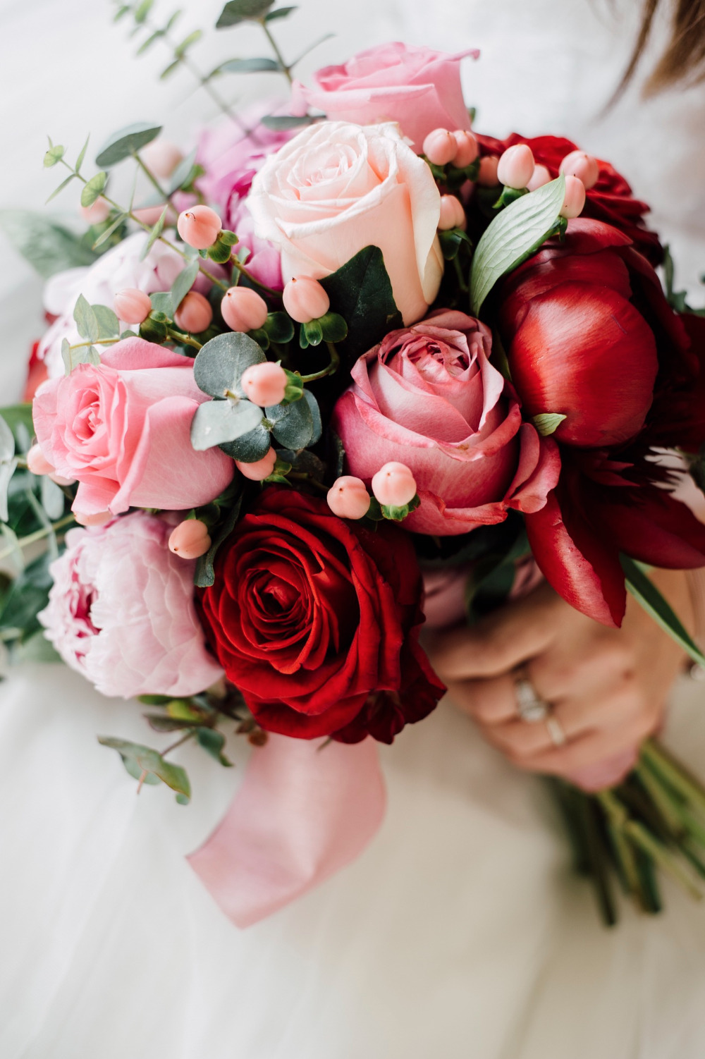 pink and red wedding rose bouquet