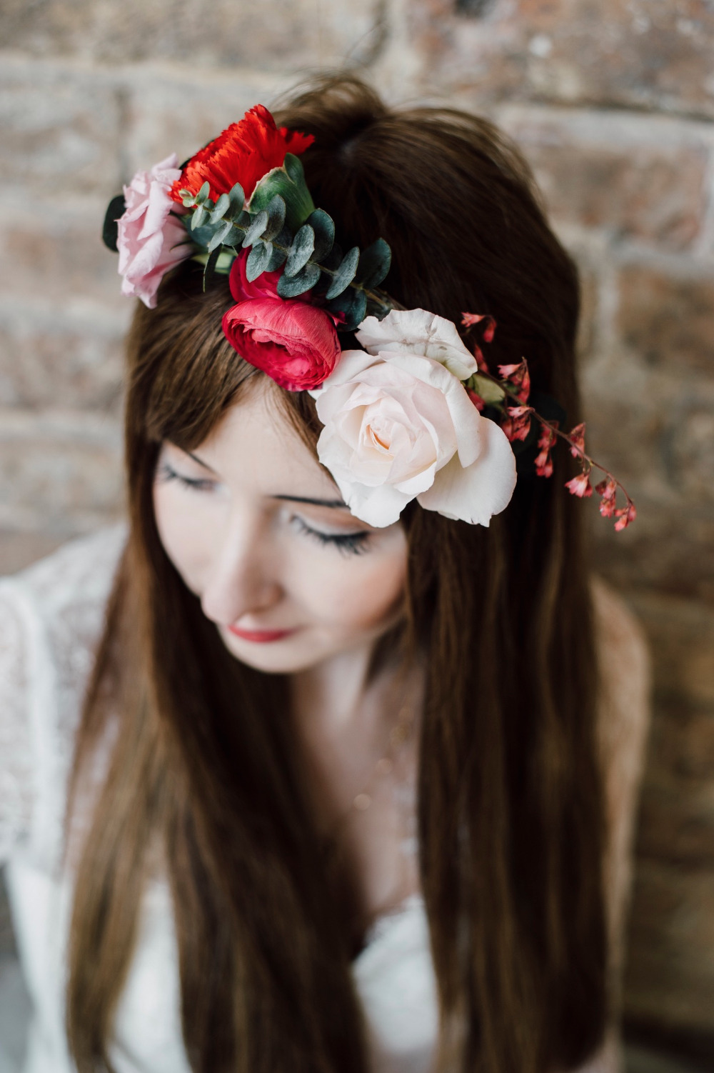 red pink and white floral crown