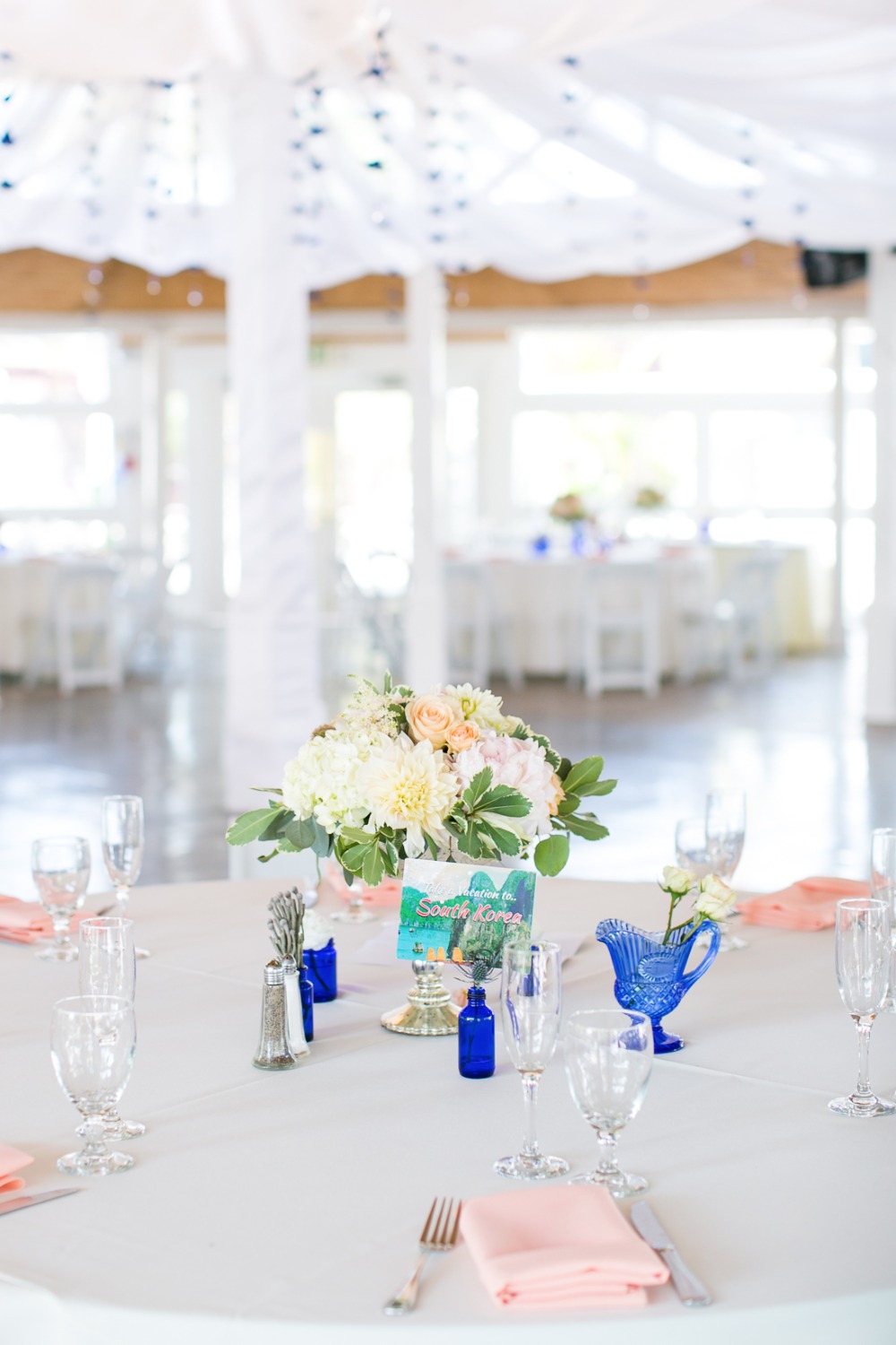 Blush and blue reception decor