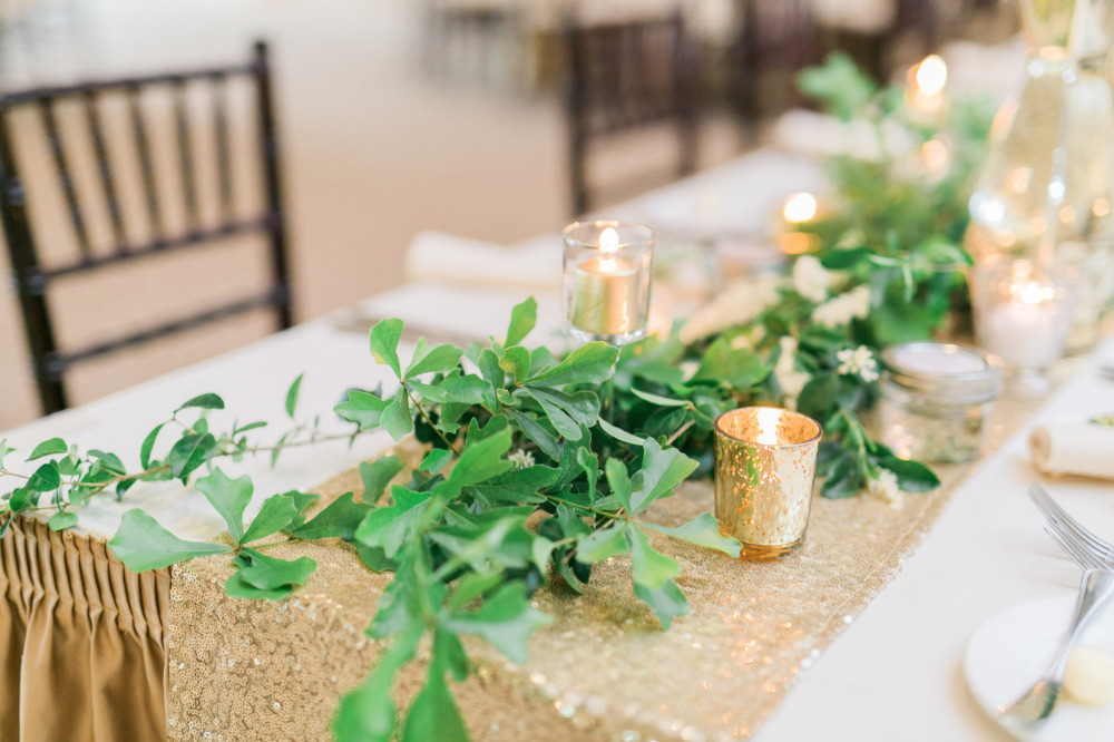 gold glitter and greenery table runner