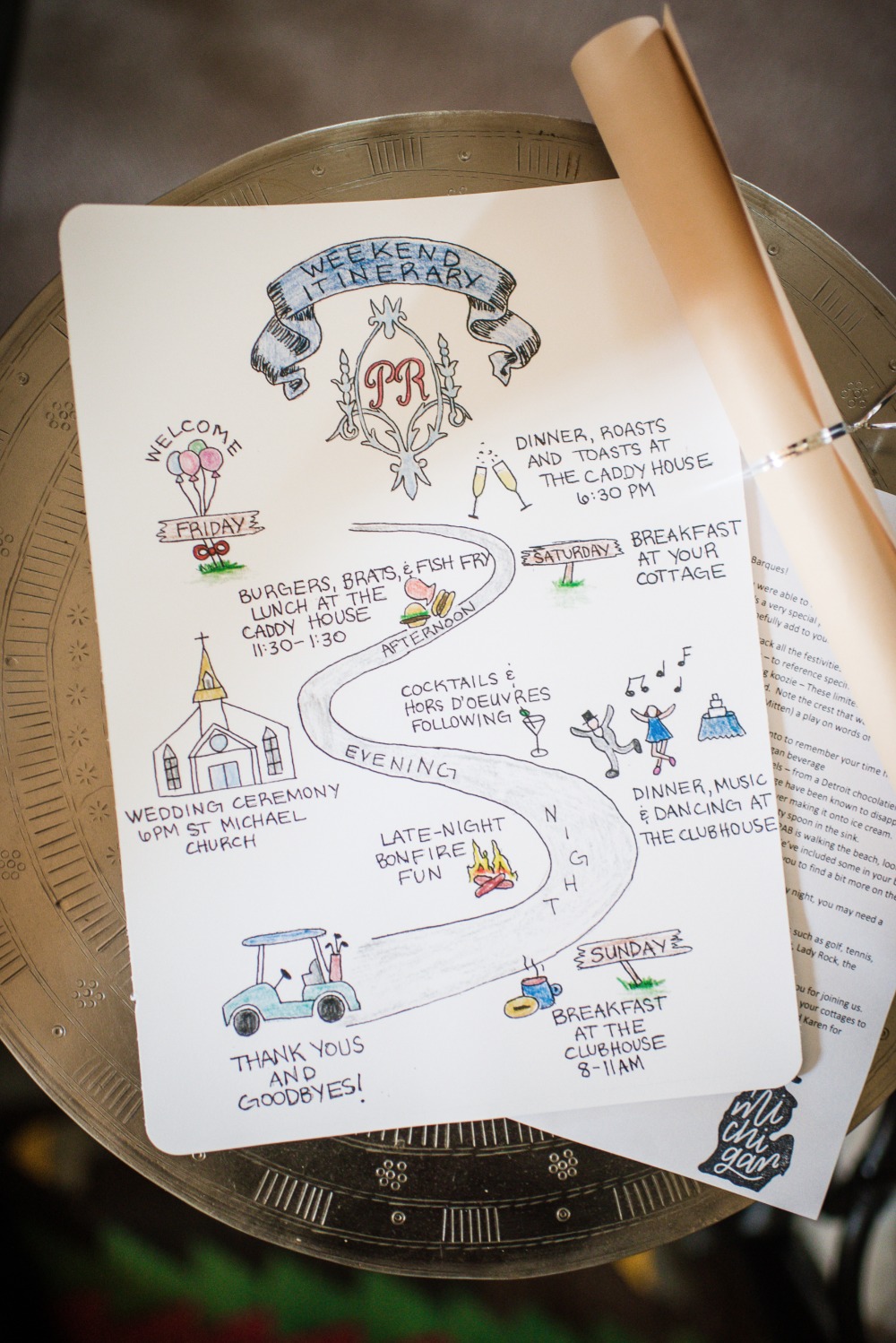 Hand-drawn wedding weekend itinerary with schedule