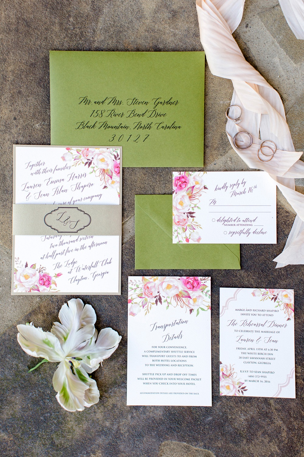 Green and pink invitation suite