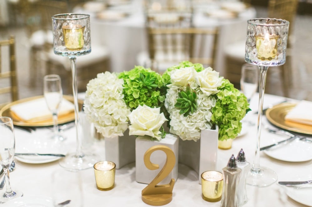 Green white and gold table decor