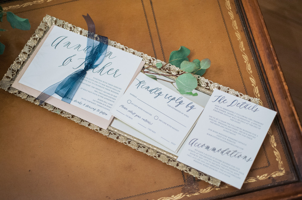 navy blue script wedding invitation suite