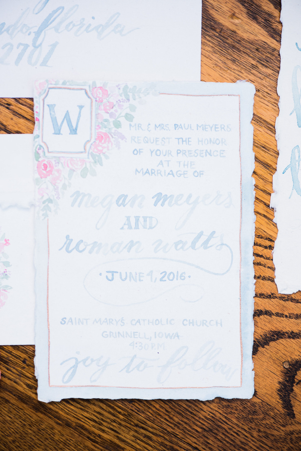 blue and pink floral wedding stationery