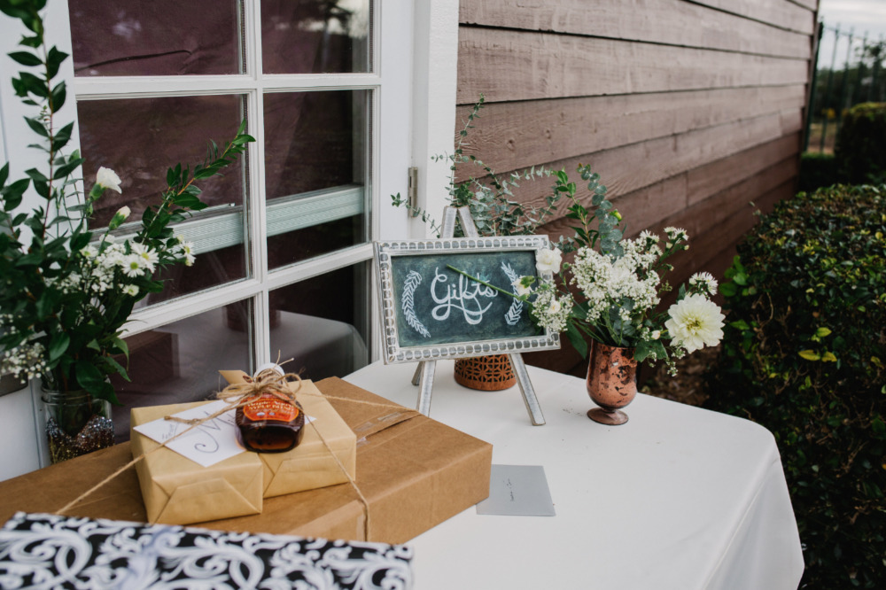 wedding gifts table with chalkboard sign