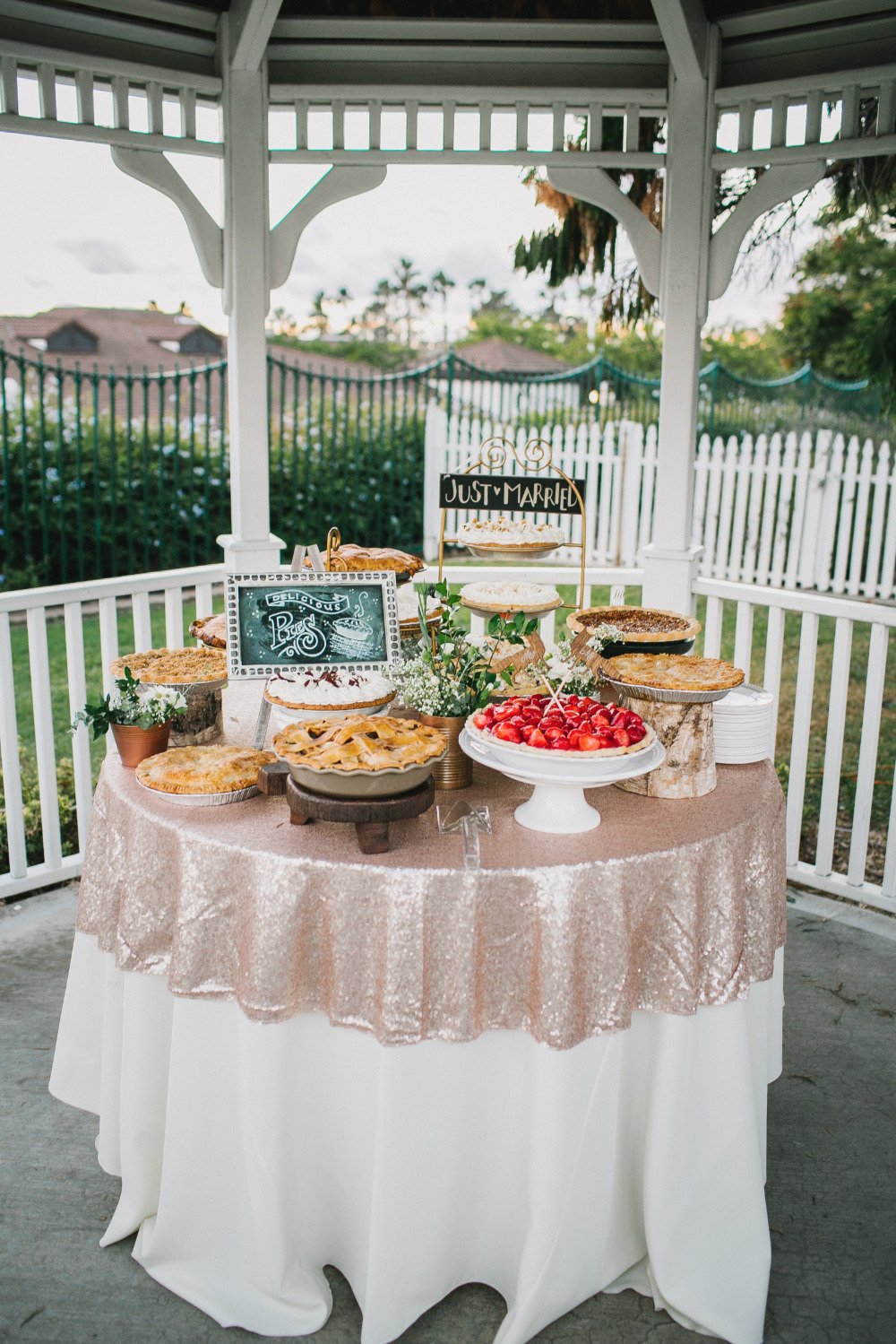 wedding pie table under gazebo