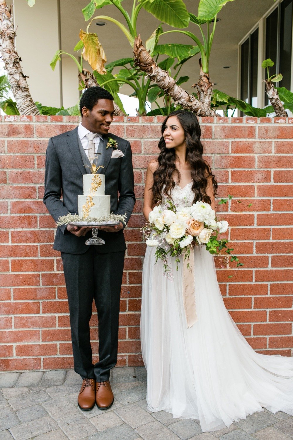 Wedding bouquet and cake portrait