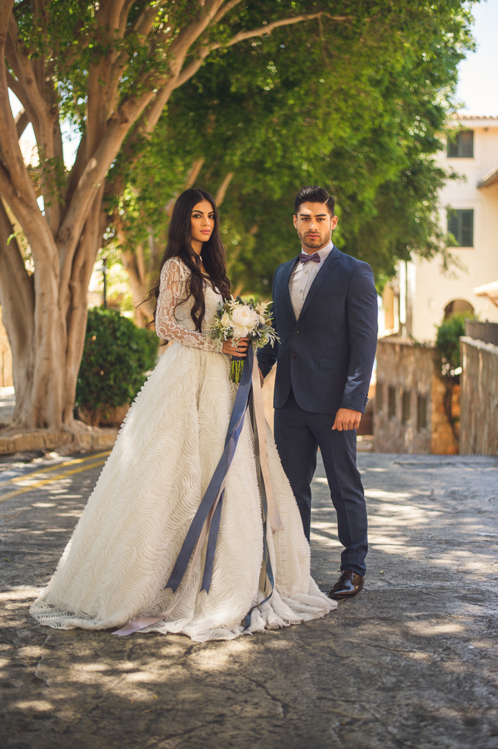 navy blue and white wedding couple look