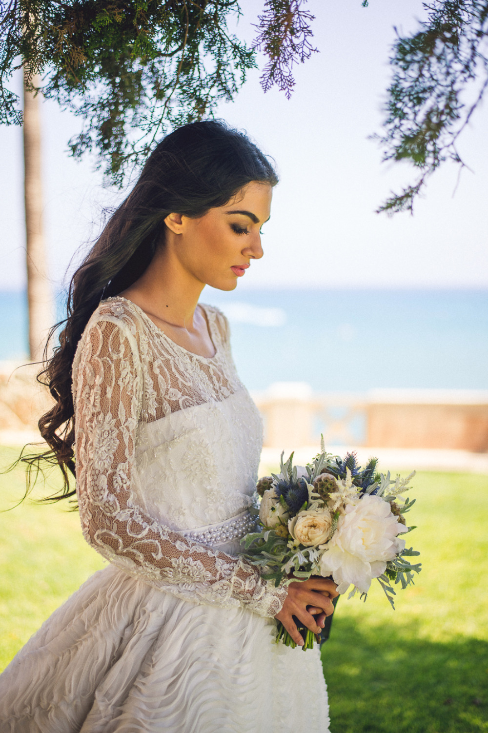 romantic bridal look with lace wedding dress