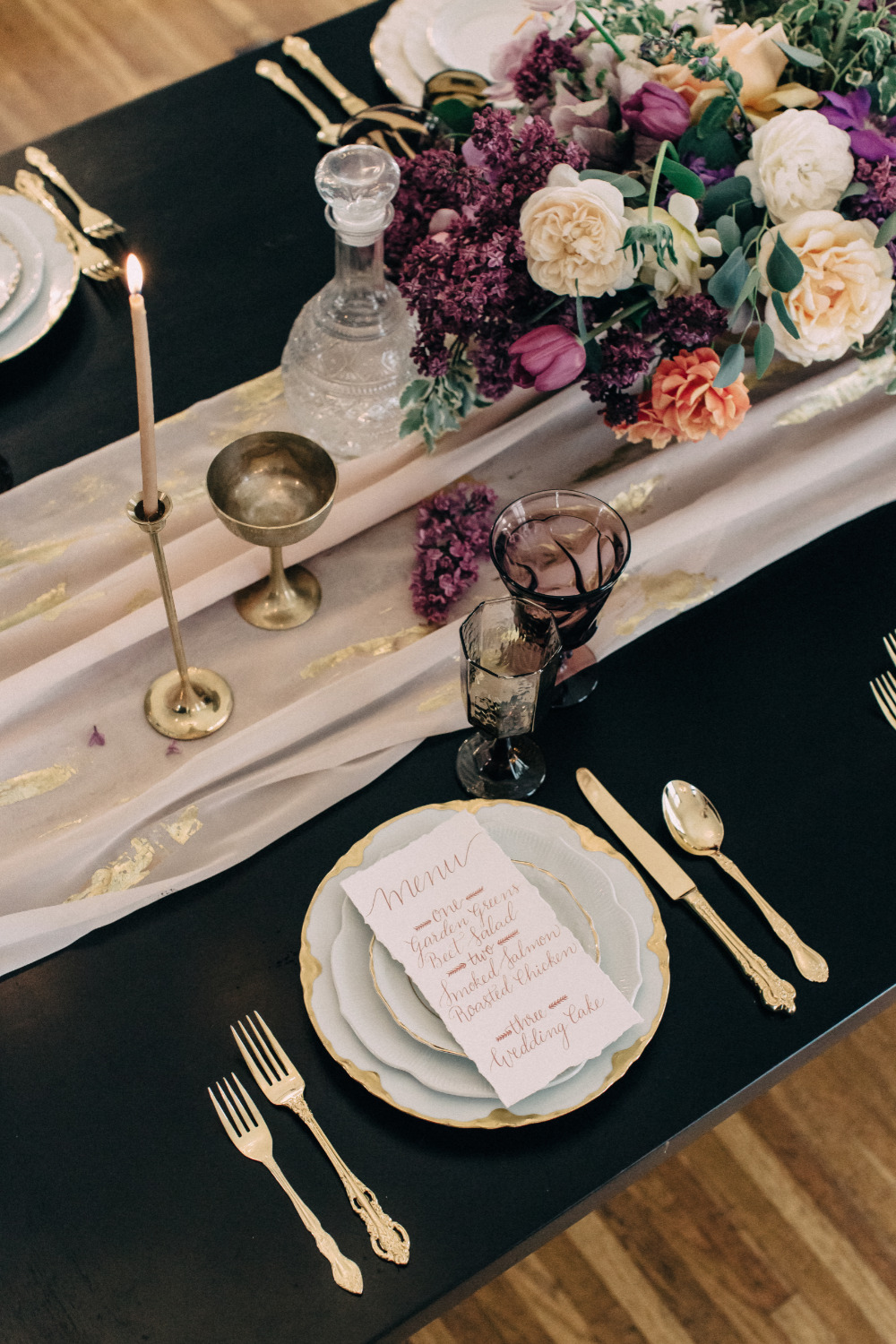 purple and gold wedding reception place setting