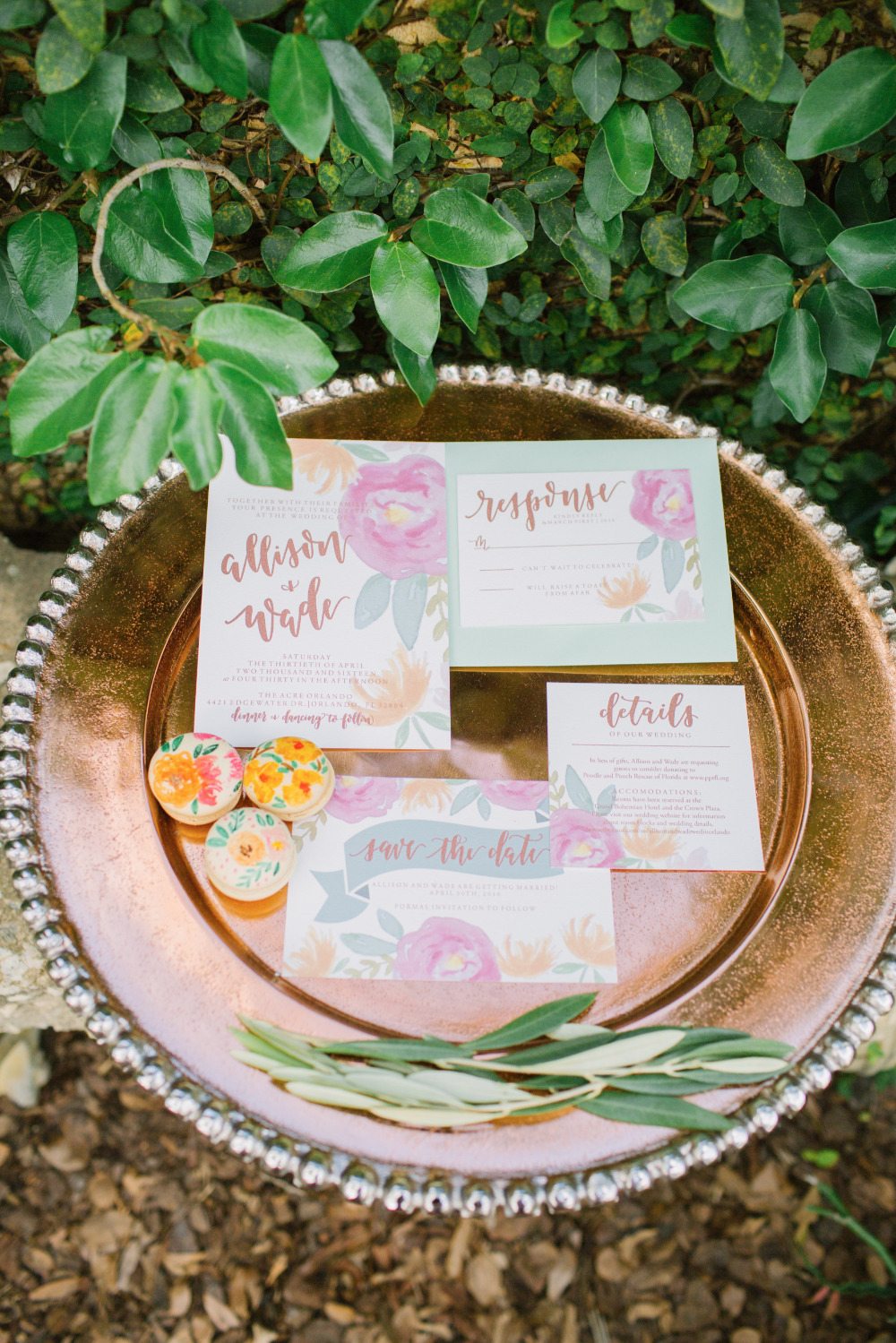 Floral wedding invitation suite with save the date card
