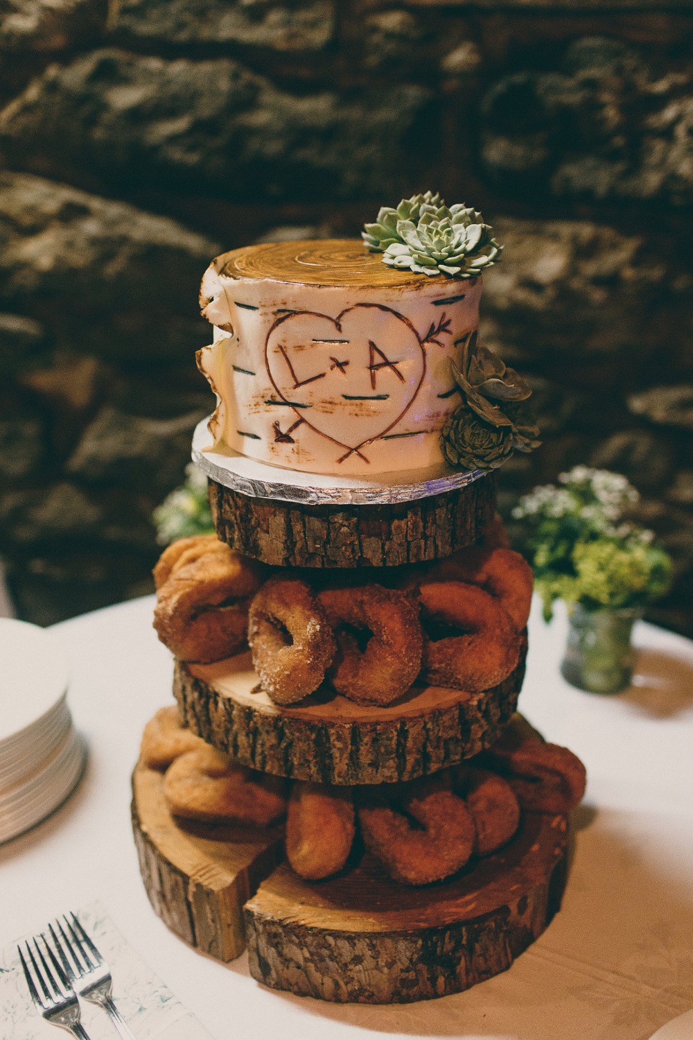 rustic mini wedding cake with apple cider donuts