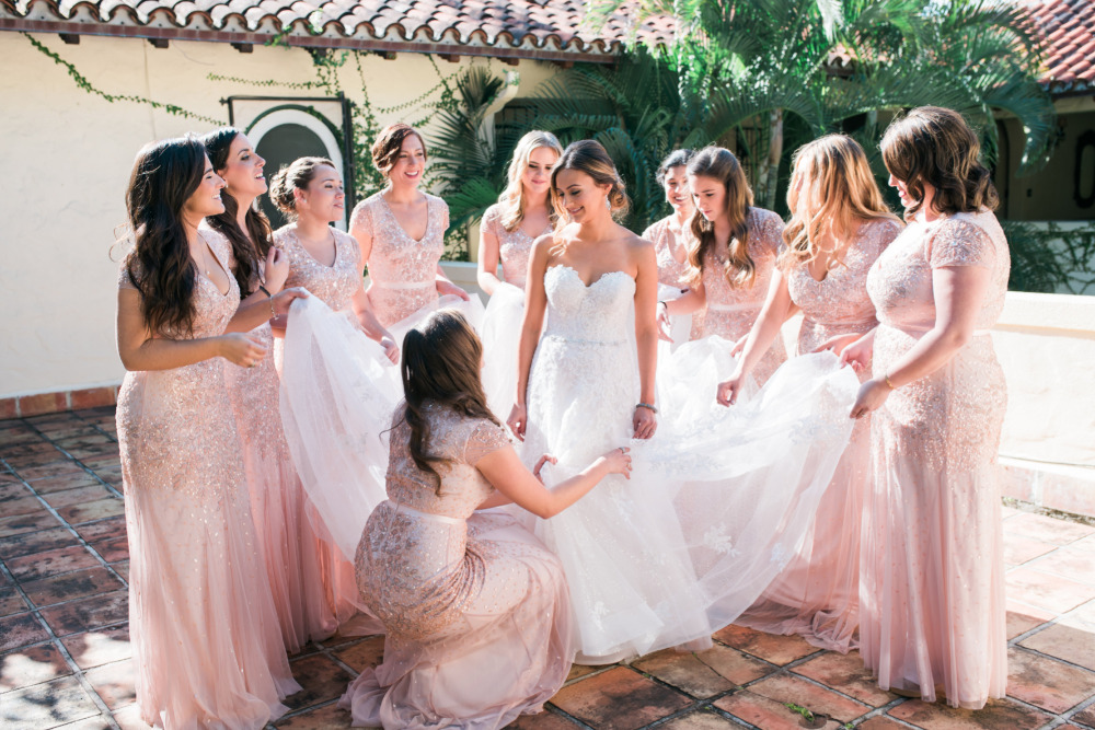 Bride and bridesmaids in blush pink gowns posing outdoors