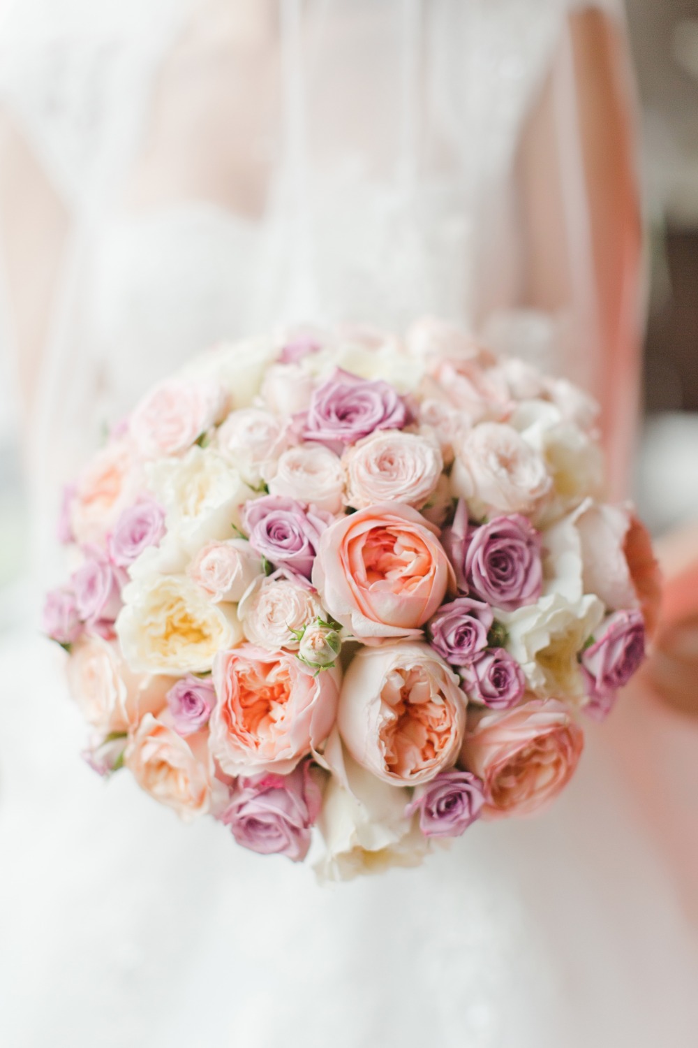 Peach, pink and purple wedding bouquet