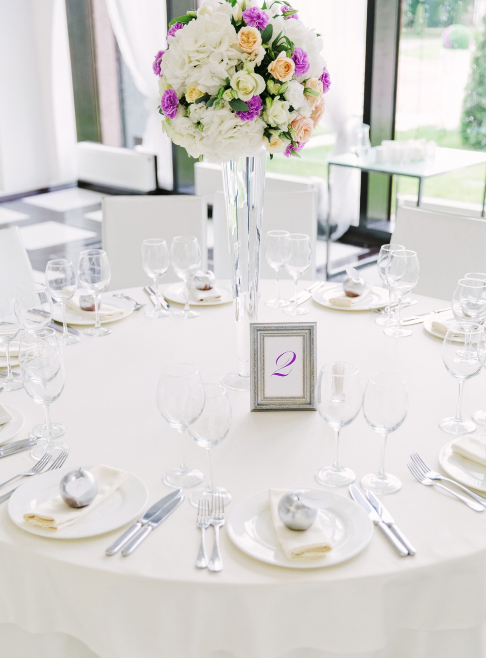 Elegant white and purple tablescape