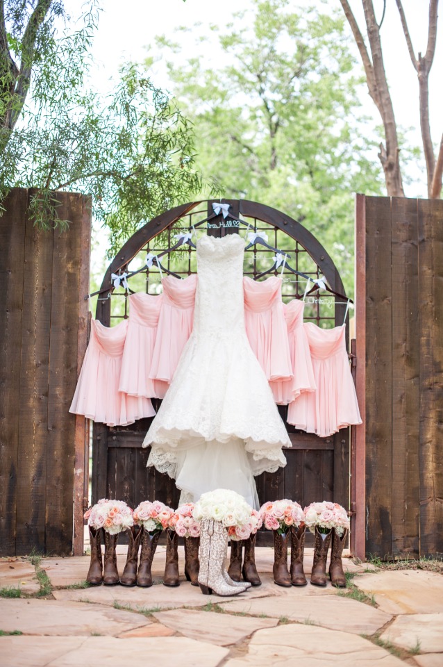 pink bridesmaid dresses and cowboy boots