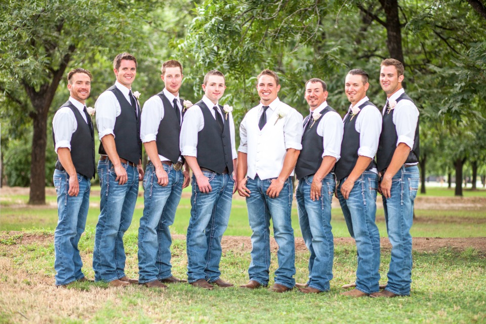 country formal groomsmen in vests, jeans and boots