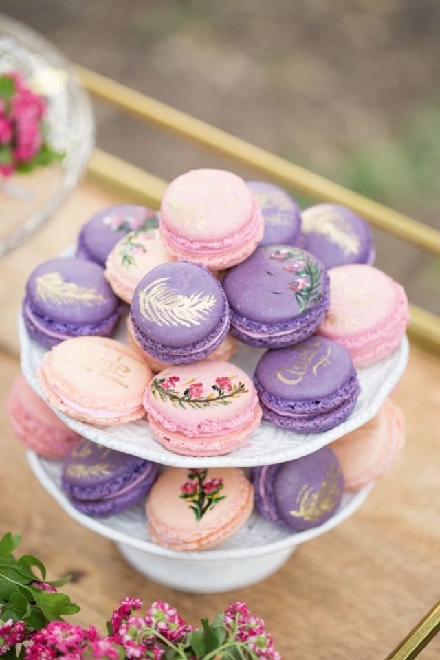 pink and purple hand painted macarons
