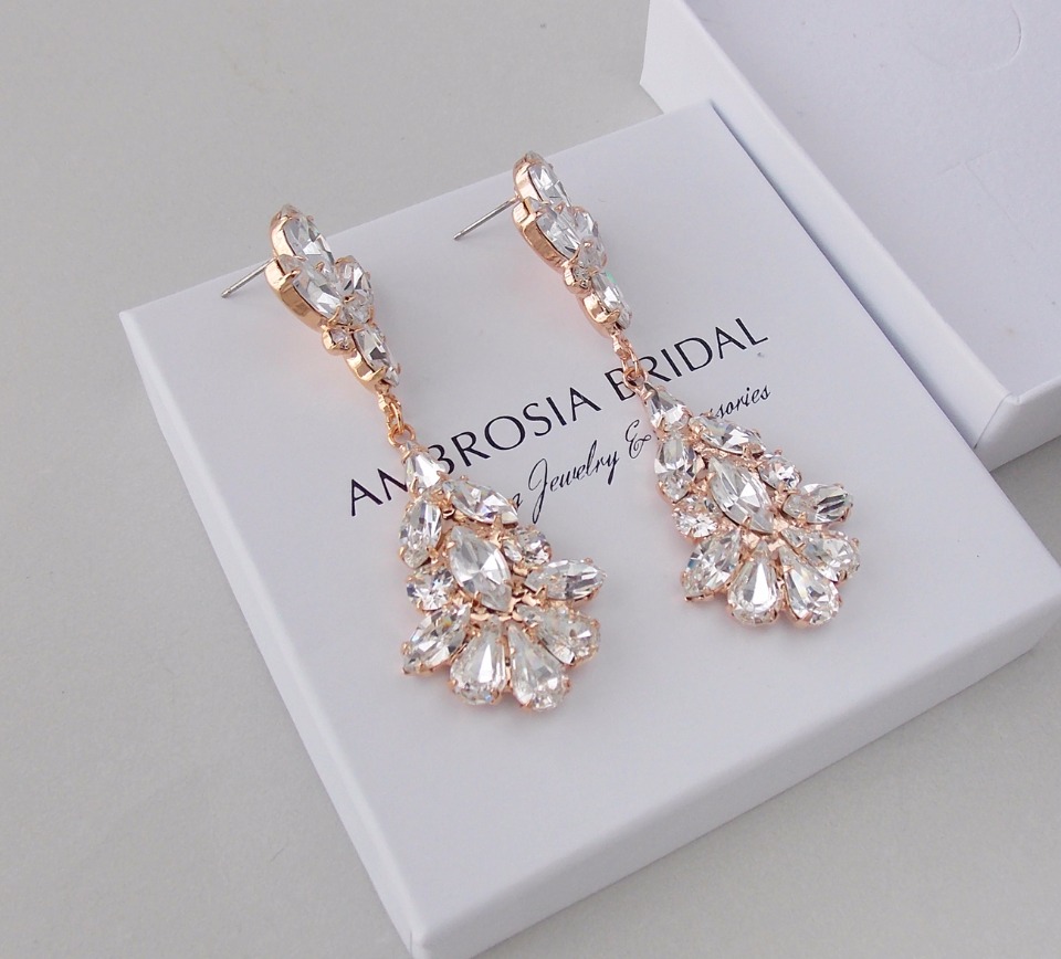Rose gold crystal bridal earrings