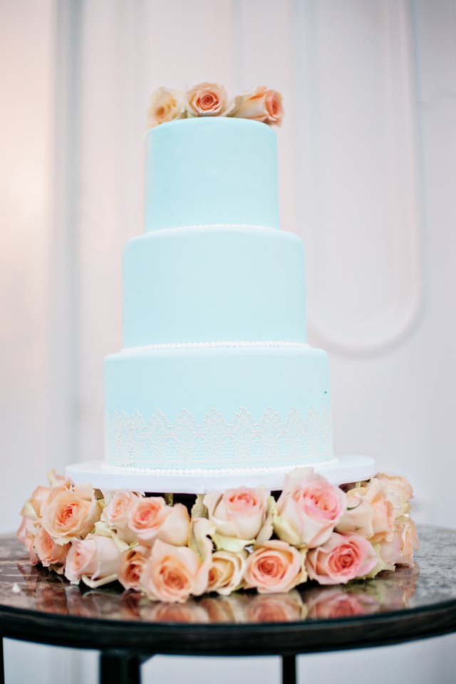 soft blue and lace wedding cake