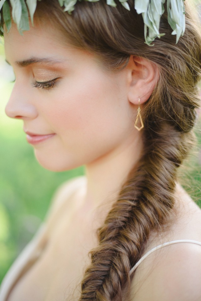 fishtail braid and wedding earrings