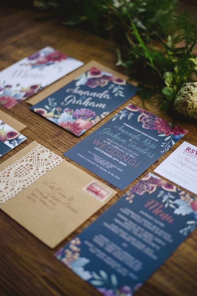 navy and floral wedding invitation suite by Alicia's Infinity
