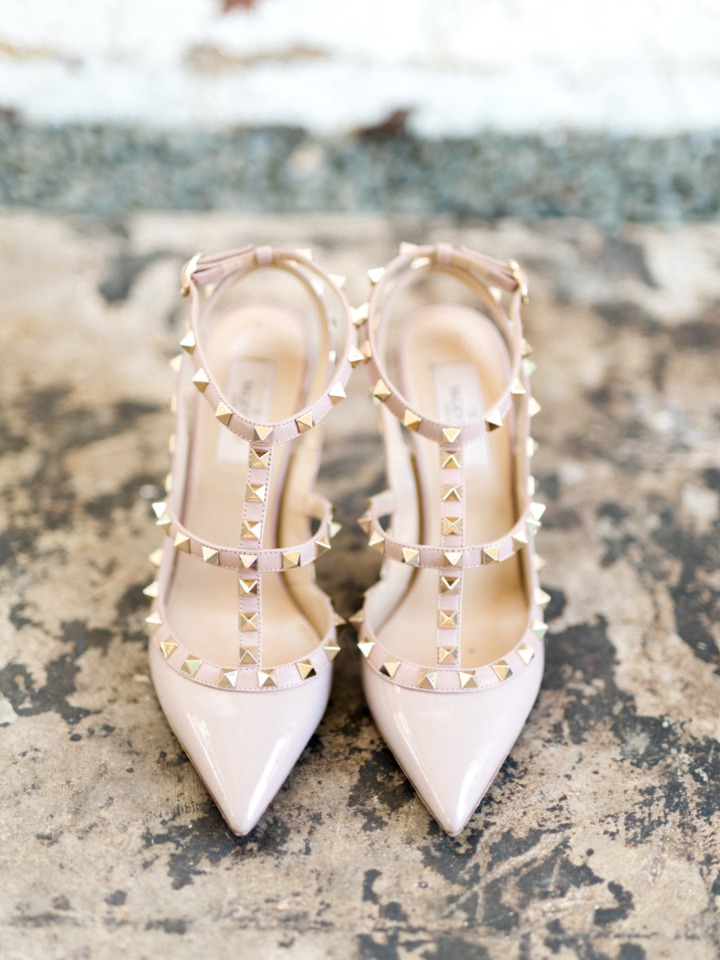 soft pink and gold studded strappy Valentino wedding shoes