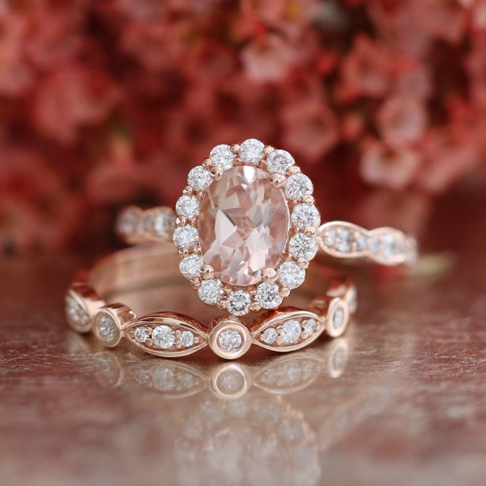 Rose gold morganite engagement ring set with diamonds