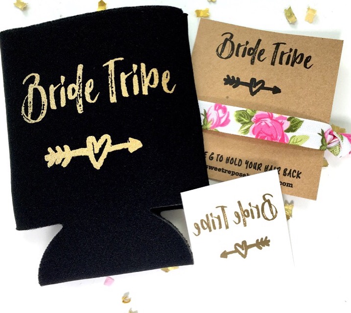 Bride Tribe gift set: can cooler, hair tie, and tag