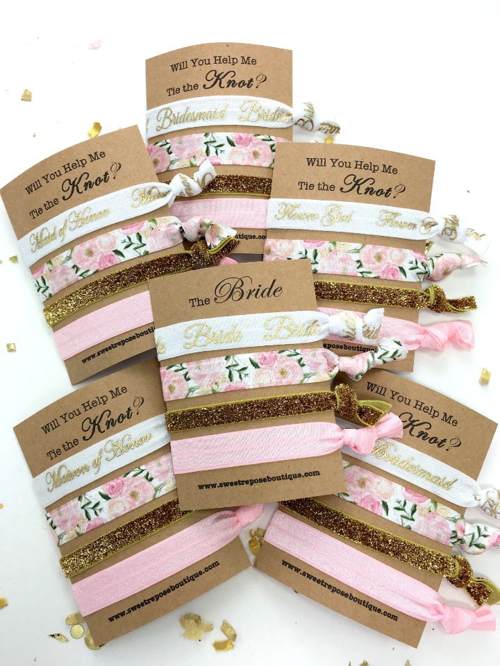 Pink floral bridesmaid proposal hair ties