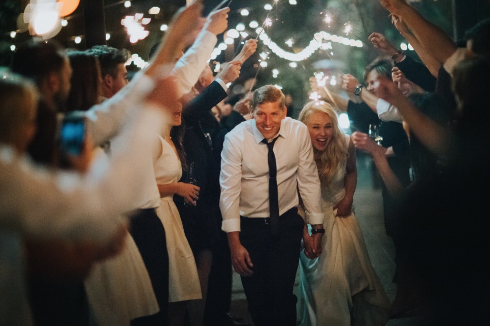 bride and groom with their sparkler exit