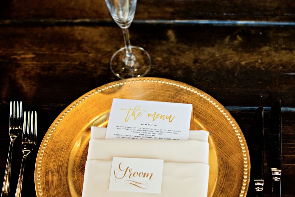 gold charger and gold wedding menu
