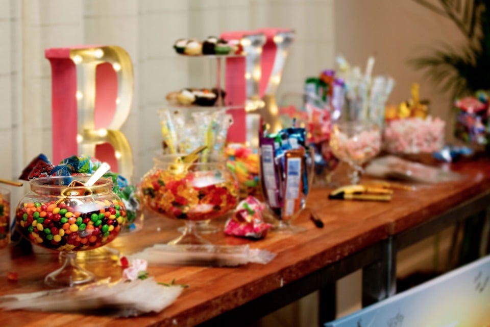BK wedding candy bar with marquee sign