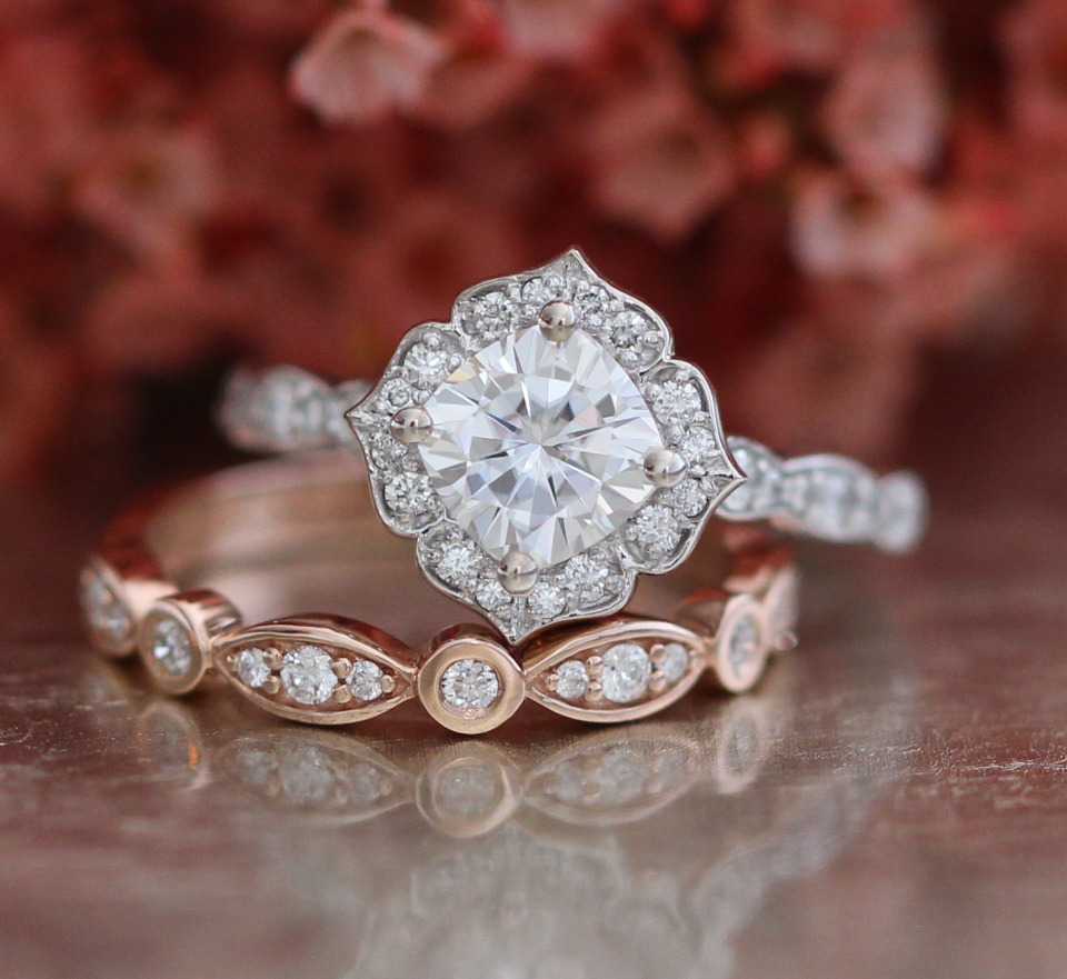 Stunning rose gold and white gold moissanite engagement ring set