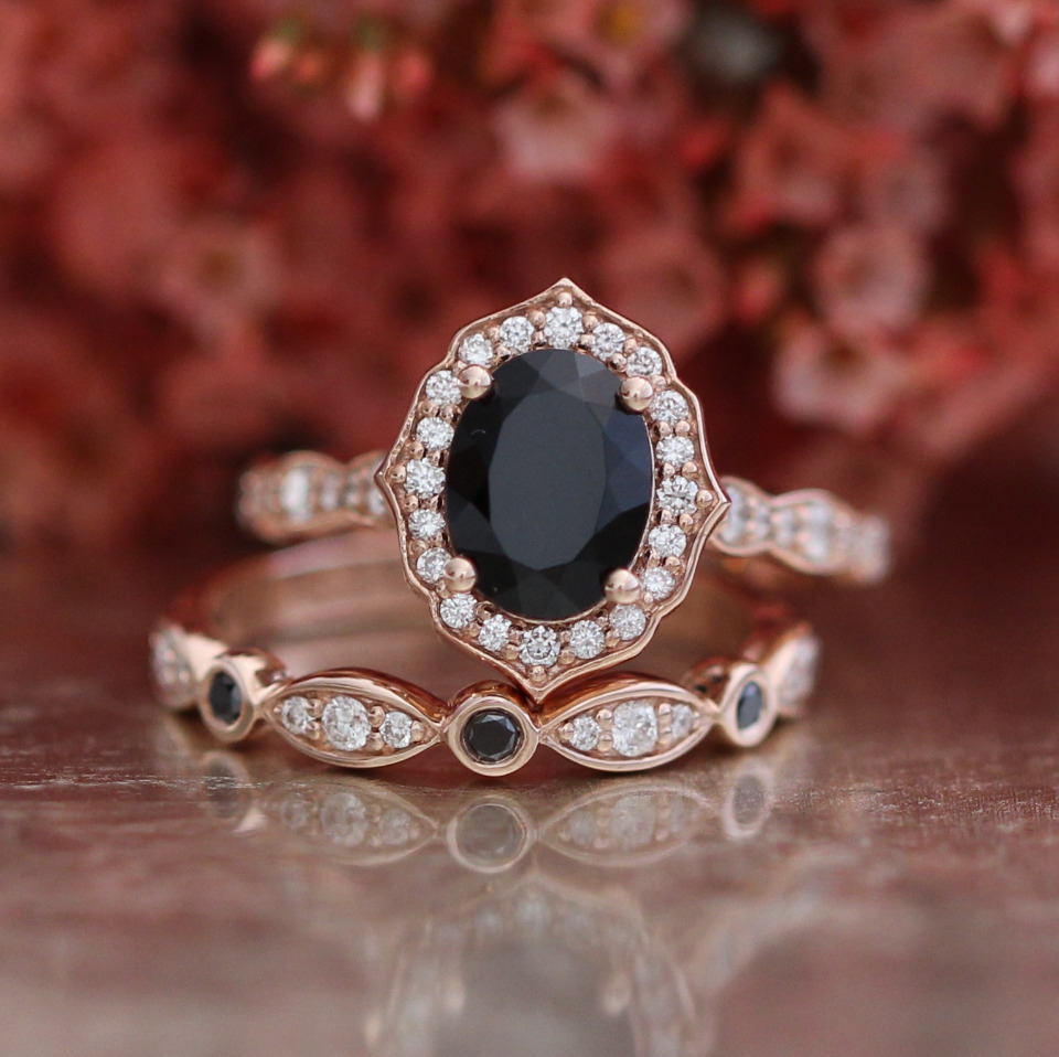 Rose gold black opal engagement ring set