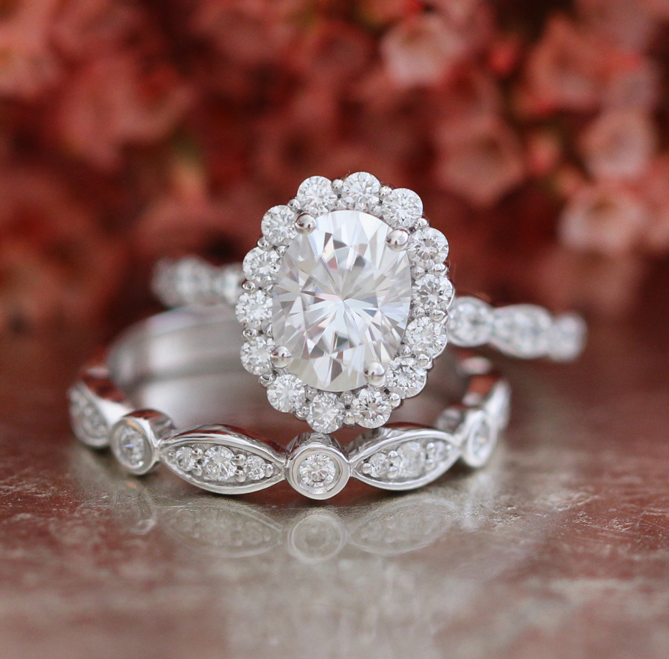 Oval moissanite halo engagement ring set