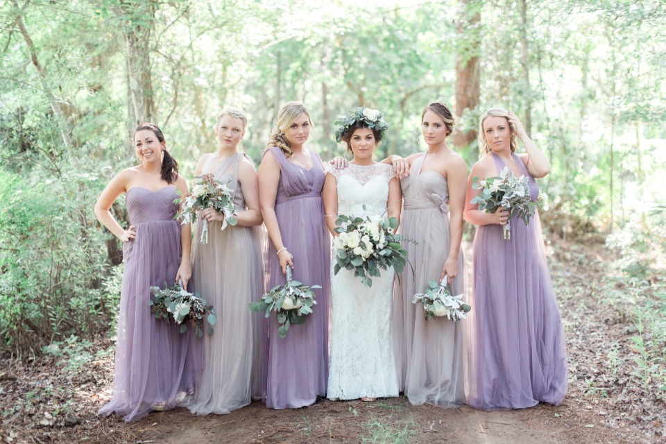 purple and light gray bridesmaid dresses