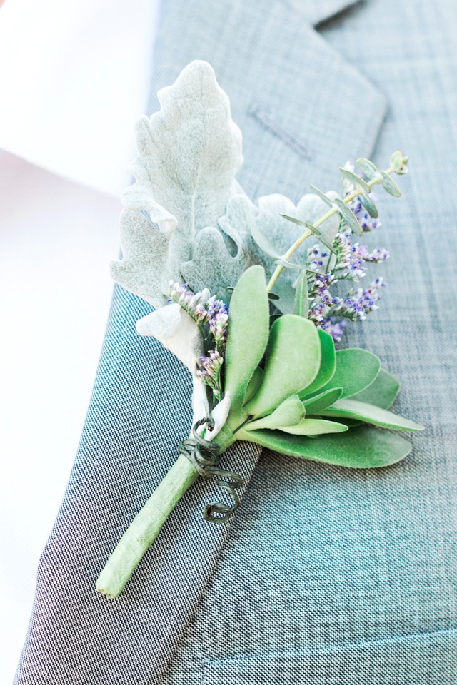 purple gray and green boutonniere