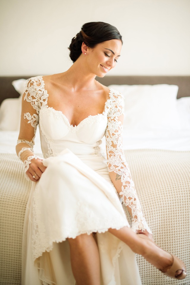 classic and chic bride in long sleeve dress