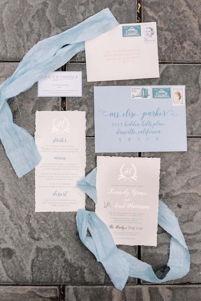 light blue and silver wedding invitation suite