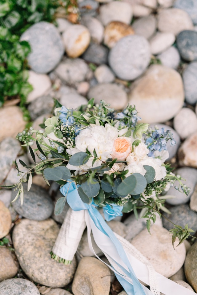 light blue white and peach bouquet