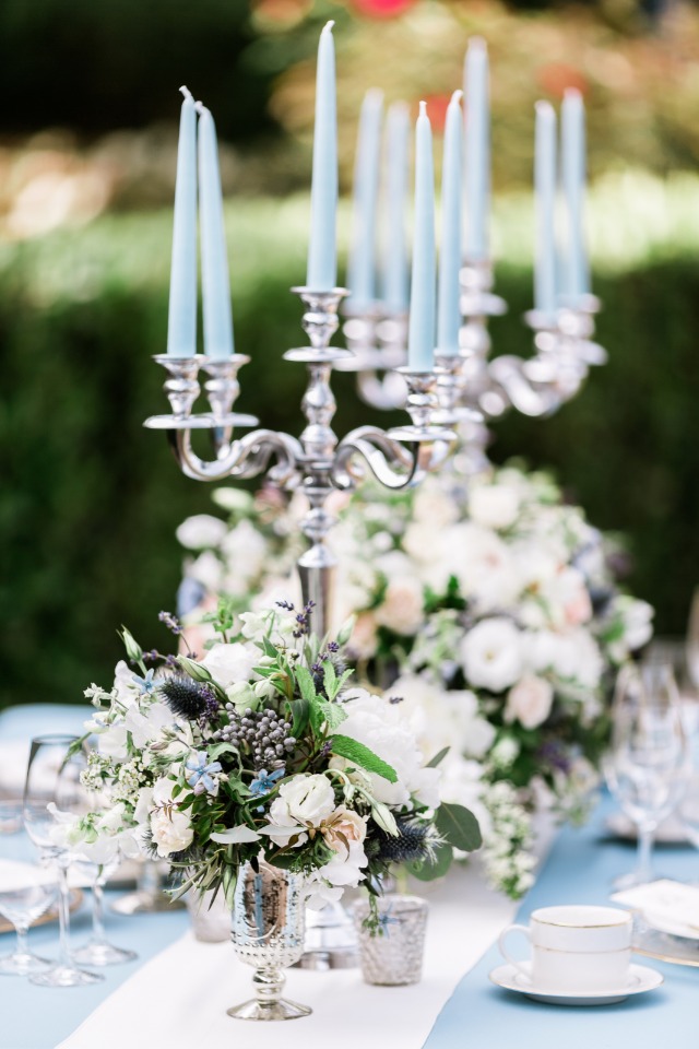 silver and light blue table decor