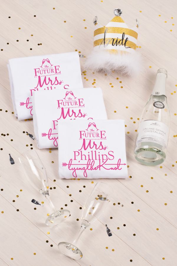 Bride's personalized towels, crown, champagne for bachelorette party